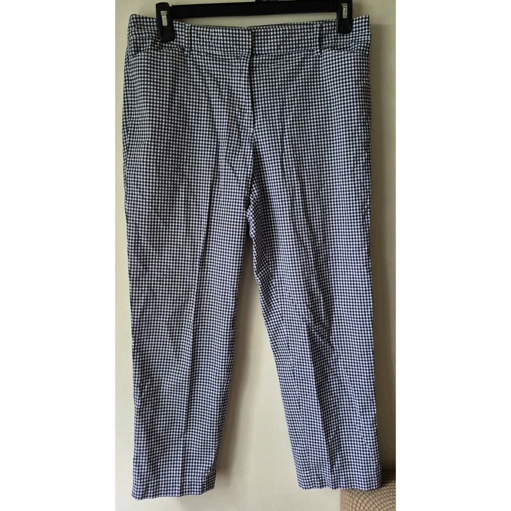 Talbots Perfect Crop Pants Gingham Navy/White Button Detail Classic Size 10